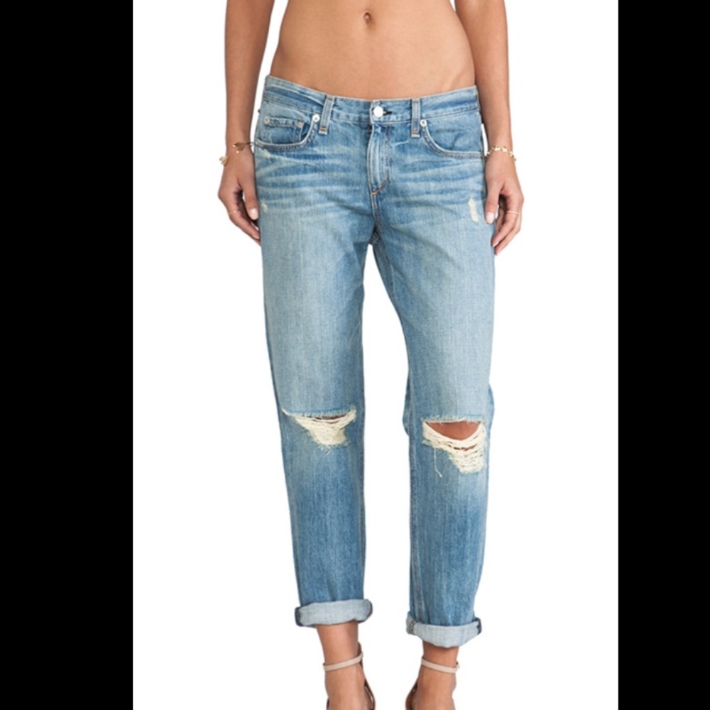 Rag and Bone Boyfriend Jeans in Moss with Holes